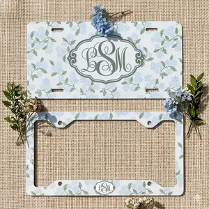 Personalized Floral License Plate & Frame Blue Hydrangea Monogram Car Tag Cute Car Accessories for Women Aesthetic Car Decor Custom Name Plate Frame Birthday Gift Idea