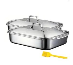 LOVEWE 2-piece non-stick baking pan set with lid and brush | Machine washable, large stainless steel baking pan, deep pan suitable for various foods