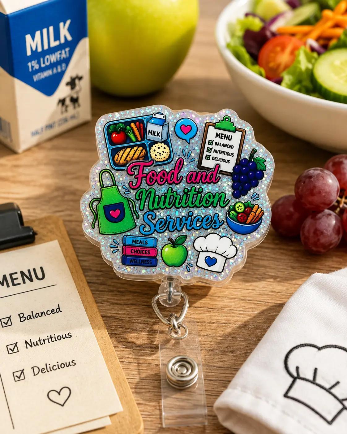 Premium Acrylic Badge Reels - Retractable Clip Badge Holder with Glitter Finish, Glossy Seal, Multi-Size ID Display for Food and Nutrition Services Staff