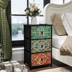 Vintage Dressing Table with Bohemian Mandala Flower Chest of Drawers - 3 Drawers for Small Spaces, Gaps, Bedroom & Living Room Use