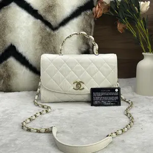 Pre-owned CHANEL Vintage Classic Flap Top Handle Mini Bag in White Distressed Lambskin with Gold Tone Hardware 866