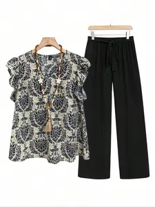 Two-Piece Leaf Print Set Women's Top & Wide Leg Pants, Boho Casual Print Top & Pants for Daily Holiday Vacation Wear, Ladies Womenswear Summer Clothes, Suits