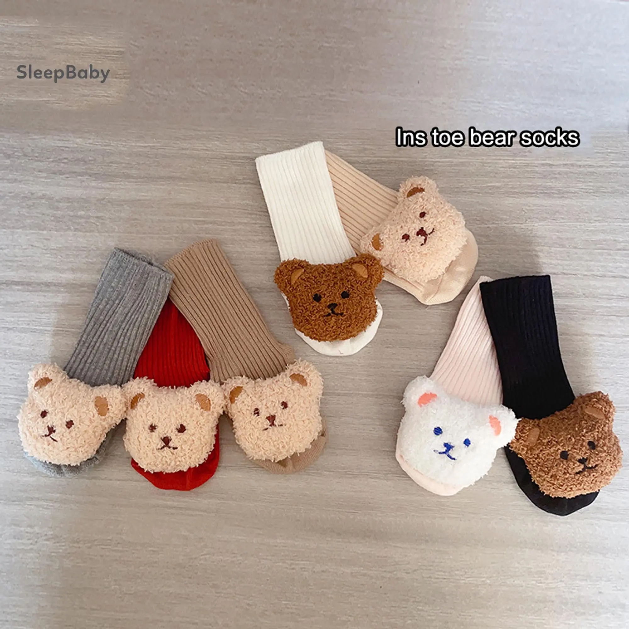 Unisex Baby Infant Cute Cartoon Bear Knit Full-Length Socks, Cotton Blend, Anti-Slip, Comfortable, for 0-6 Months, Spring-Fall Use, Baby Character Unisex Socks & Tights