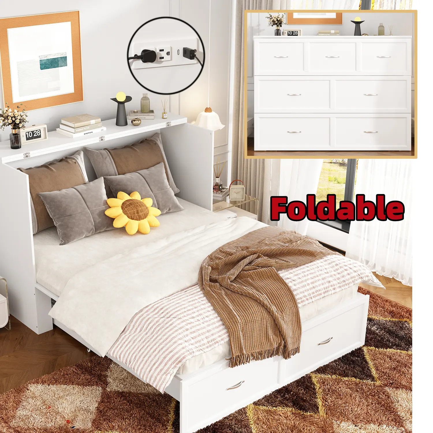 FUFU&GAGA Murphy Bed Chest, Fold Out Murphy Bed Cabinet, Built-in Charging Station and Storage Drawer