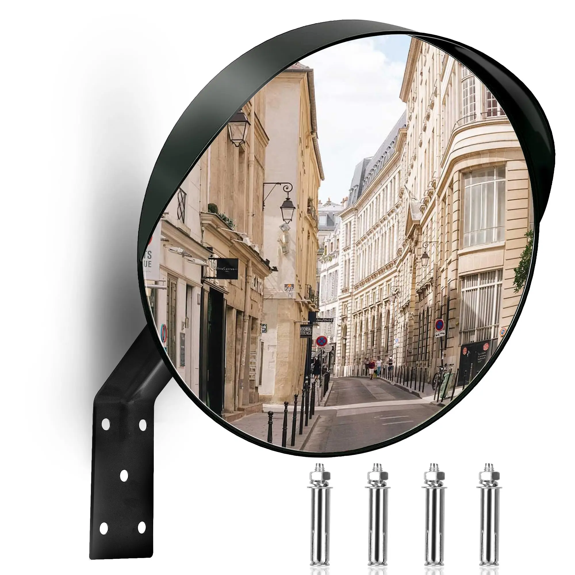 16-inch Convex Security Corner Mirror - Adjustable Fixing Bracket  Wide Angle Indoor And Outdoor Use Ideal For Warehouse Office Parking Garage Alleys Driveways Traffic Safety(black)