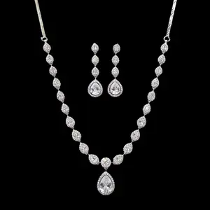 Elegant Silver Tone Necklace and Earring Set for Women and Girls with Sparkling AD Stones and Teardrop Pendant