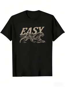 Men's Vintage "EASY" Tiger Graphic T-Shirt | Oversized Retro Casual Short Sleeve Tee | Relaxed-Fit Streetwear | Soft Funny Slogan Shirt for Daily/Street Style | Y2K Aesthetic Cool Animal Print Tshirt