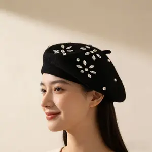 Elegant Beret Shiny Rhinestone Floral Beret for Women Soft Breathable Fabric Lightweight Knitted Winter Hat with Intricate Design Suitable for Everyday and Special Occasions tapcaps product mens hats skull caps