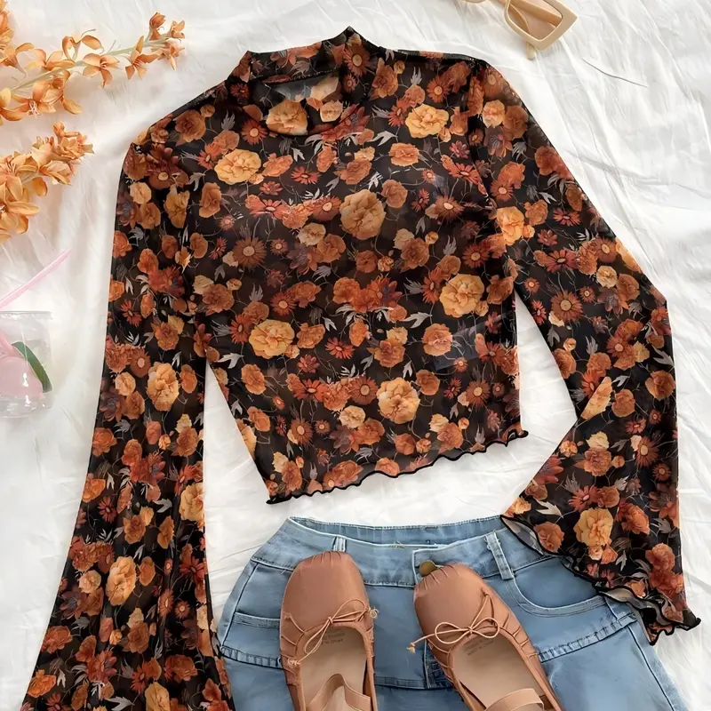 Women's High Neck Bell Sleeve Mesh Short Top, Bohemian Style Summer Beachwear, Elegant All Season Fashion, Slim-Fitting Design, Boho Cottagecore Shirt