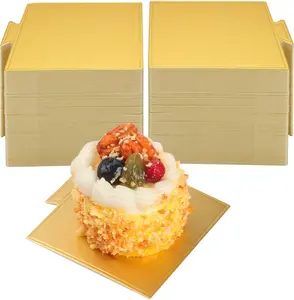 Yansanido 50 Pcs 3.58 in X 3.3 in Square Golden Cake and Bread Stand for Displaying and Decorating Dessert, Snack and Cake (Gold)