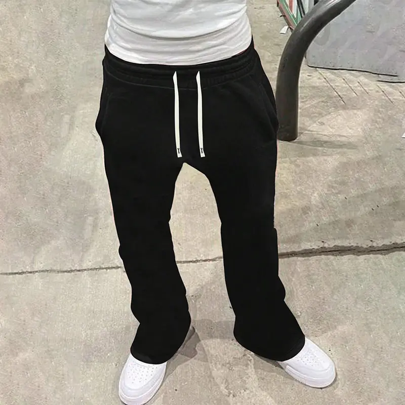 Men's autumn and winter knitted straight fleece trousers, autumn and winter trendy high street versatile casual loose sports straight warm trousers in men's style.