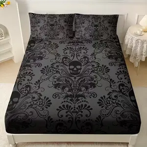 3-Piece Gothic&Skeleton Flower Design Bed Set -1 Bed Sheet+2 Pillowcases without Pillow Core, All Season Soft Polyester Fiber 100, Machine Washable, Suitable for Bedroom Decoration, Gothic Aesthetic Style Bed Set, Distinctive Design