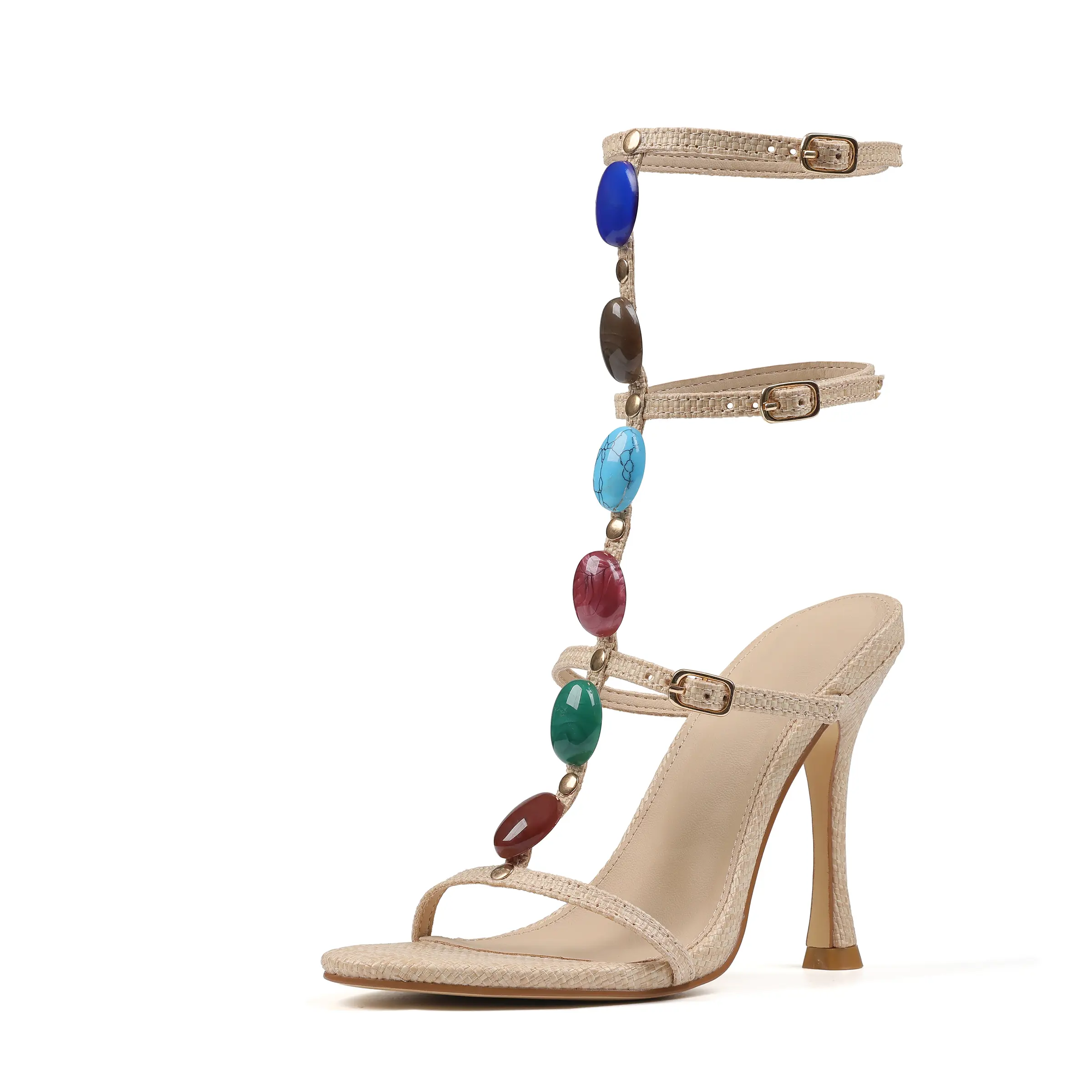 Womens Woven Raffia Square Toe Stiletto Sandals Multicolor Stone T-Strap Ankle Wrap High Heels Adjustable Buckle Strappy Dress Heels Height Increasing Comfortable Party Vacation Beach Footwear for Boho Style Ladies Summer Evening Wedding Date Outfits