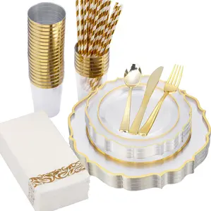 200 PCS Baroque Clear Gold Dinnerware Set for 25 Guests,Gold Rimmed Duty Disposable for Wedding with,25Dinner,Dessert,,,,Cups