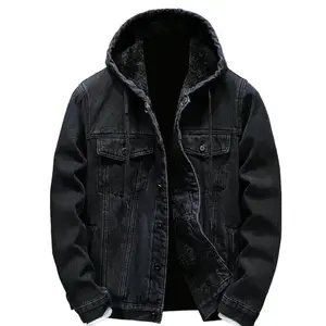 Men’s fleece-lined denim hoodie jacket — winter warm cowboy jean jacket, casual button-down style, thickened trucker coats/sweatshirts, menswear
