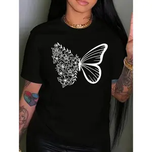 [100% Cotton] Chic Plus Size Butterfly Graphic Tee For Women - Comfy Polyester Blend, Crew Neck, Short Sleeve - Perfect For Spring/Summer/Fall Golf Gift T-Shirt For Men And Women men's graphic tee