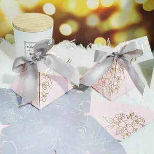 10/20pcs Floral Thank You Pyramid Gift Boxes with Satin Ribbon Bow, Elegant Foil Flower Party Favor Boxes for Wedding, Bridal Shower, Birthday, Baby Shower, Anniversary, Christmas, Graduation Candy Treat Packaging Supplies