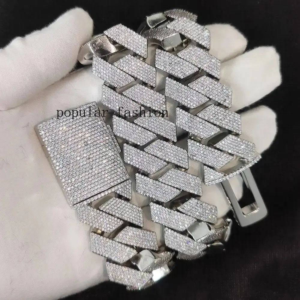 popularPass  Test  25mm Wide 4Rows  Solid Silver Cuban link chain for Rapper Hip Hop Iced Out Necklace