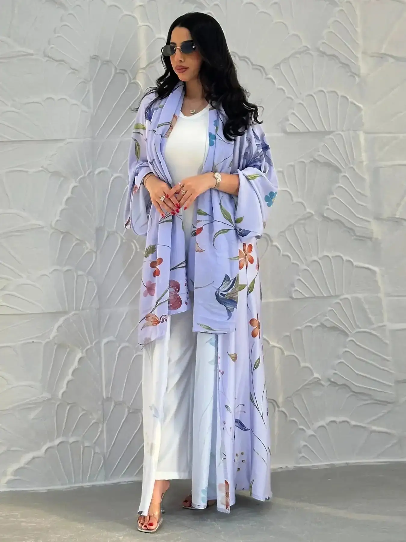 Graceful Muslim Women's Loose Fit Open Front Robe Pattern Style, Printed Two-Piece Set with Headscarf, Casual Daily Wear, Comfortable and Stylish, Floral Abaya Set, Top Quality, Loungewear Full Outfit