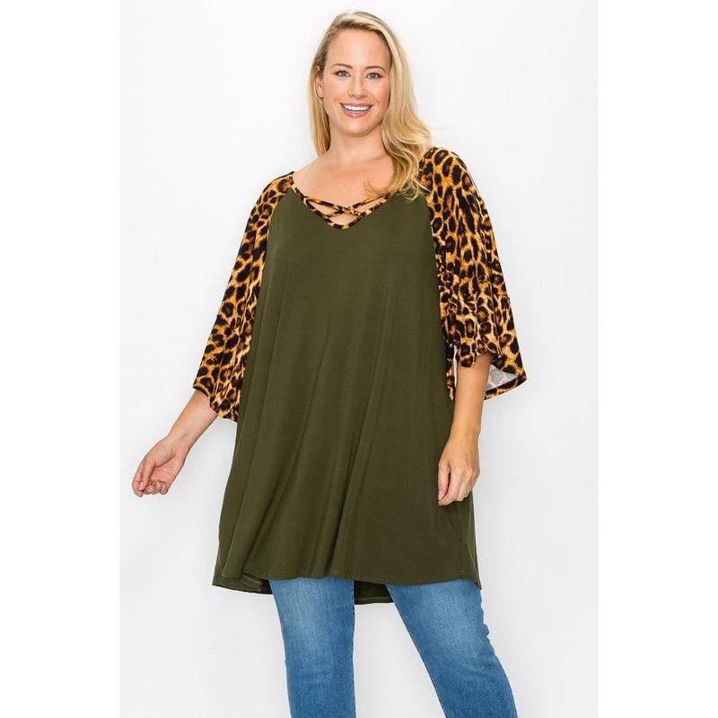 PSFU Olive Green Leopard Sleeves and X Neck Shirt Top
