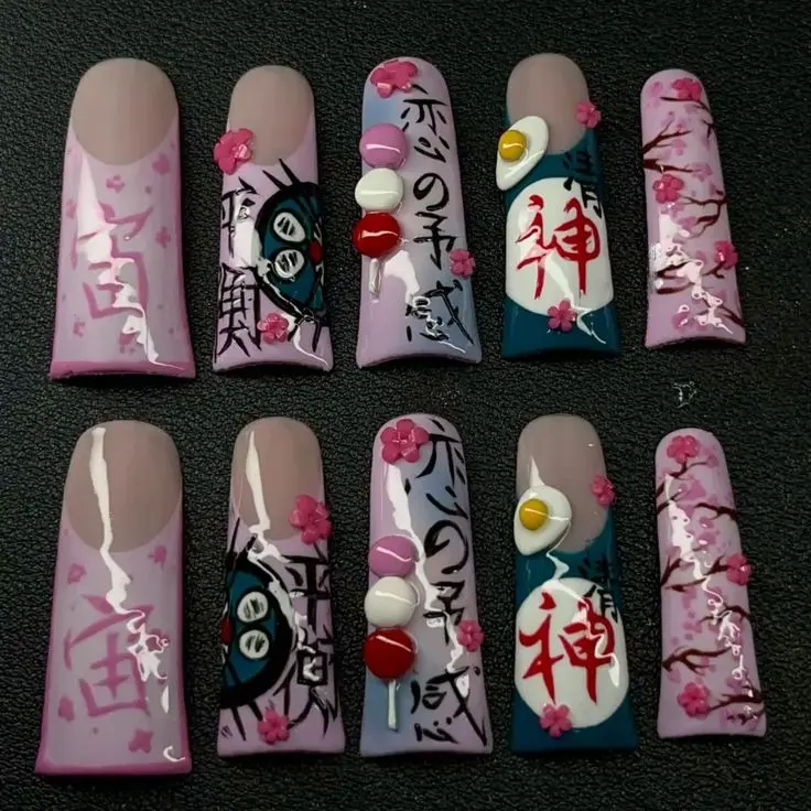 Japanese Harajuku Press On Nails, Anime 3D Sakura Dango Fake Nails, Pastel Kanji Cartoon Handmade Nail Art with Free Adhesive Tabs Nail File & Cuticle Stick
