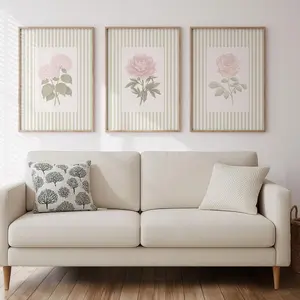 Pink Floral Prints Set: Hydrangea, Peony and Rose on Sage Green Stripes | Frameless Poster Y
