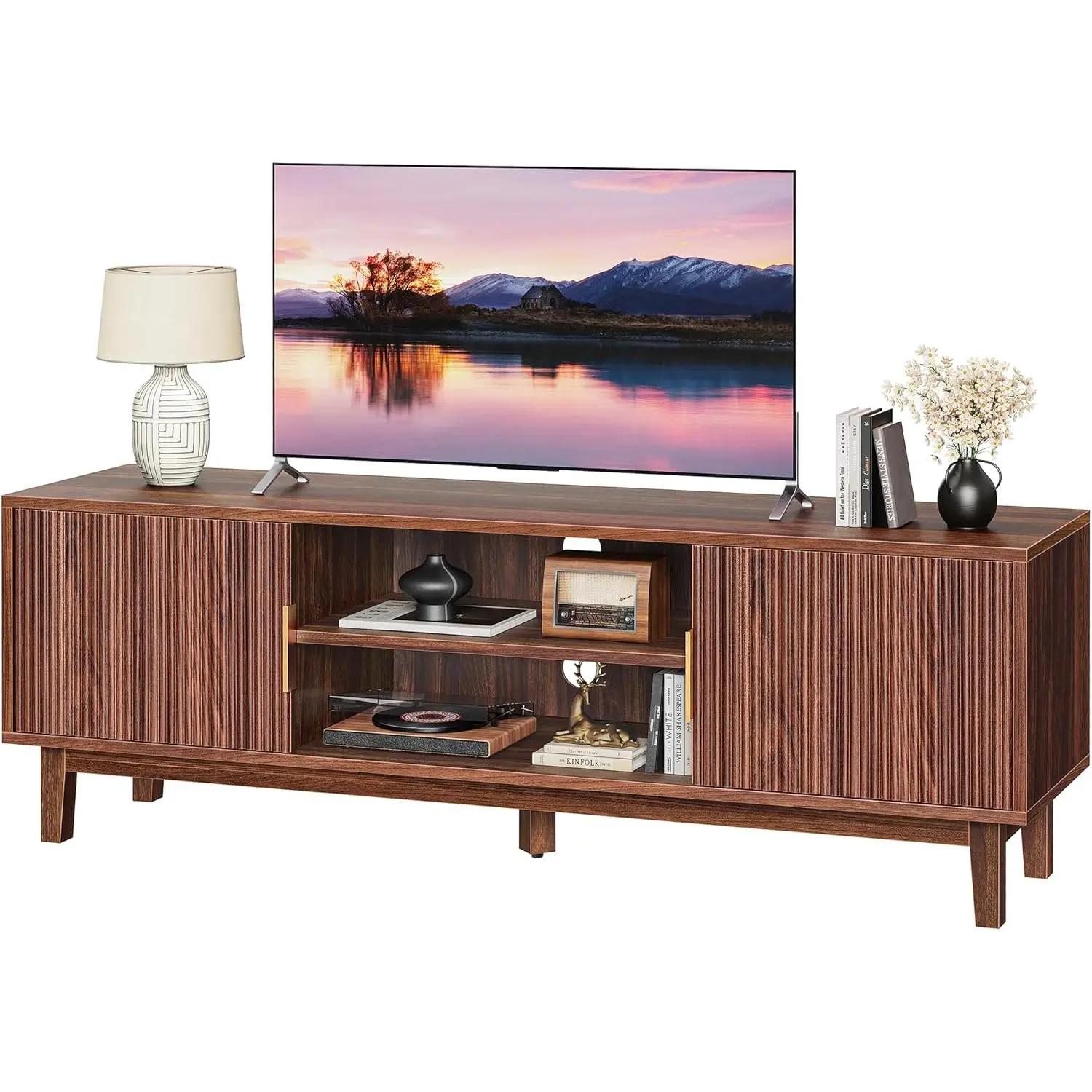 PRAISUN Fluted TV Stand for TVs Up to 55, 60 Inch, Mid Century Modern Entertainment Center with Storage, TV Console with Adjustable Shelves, Midea Console for Living Room Bedroom