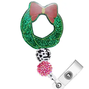 Christmas Beaded Badge Reel Clip, Expandable Flower Ring Holder, Holiday Decor for Students Office Staff Doctors Nurses Teachers