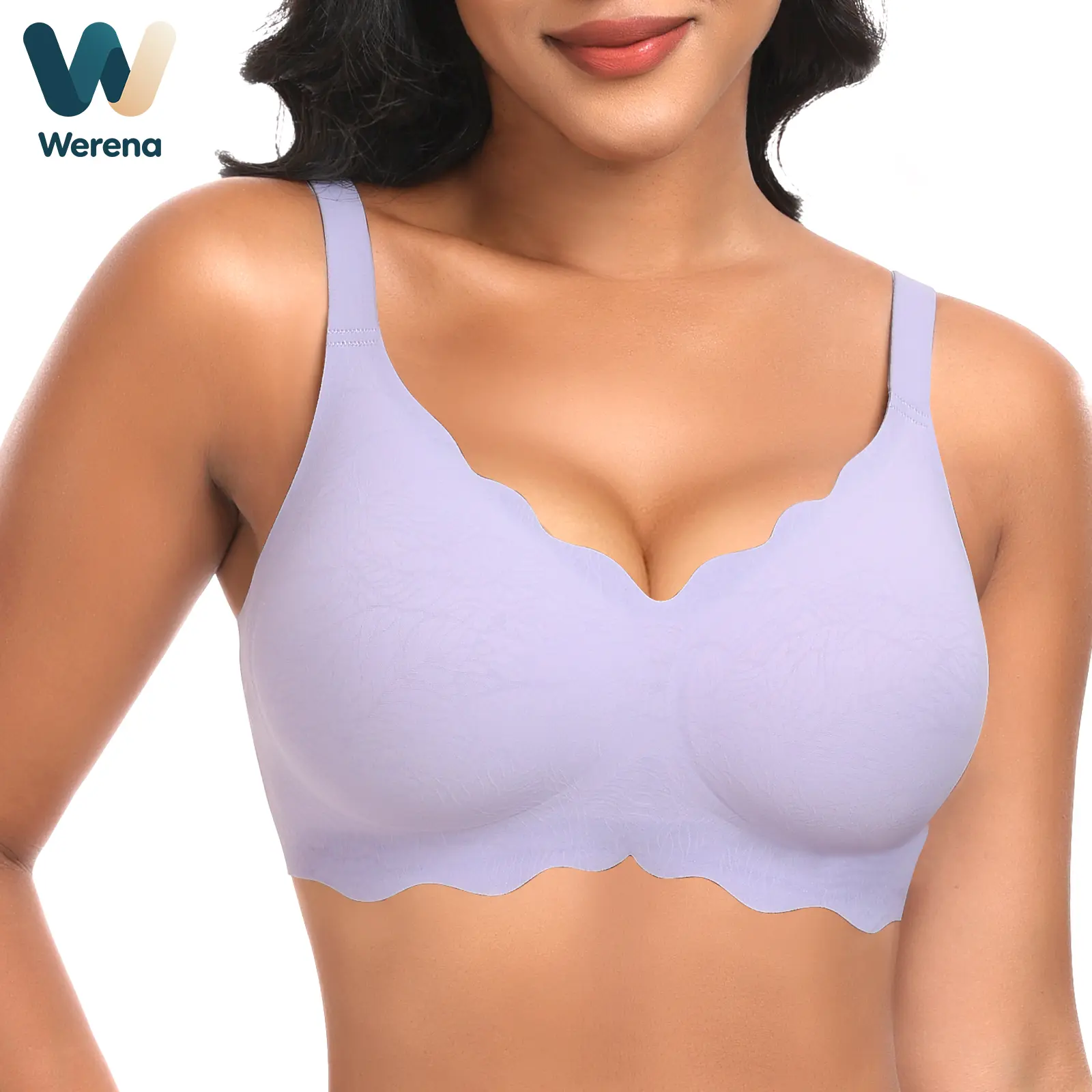 Werena Double Scalloped Bras for Women Wireless V-Neck Jelly Push up Full Coverage Plain Shaping Fit for Everyday Elegance