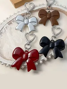 Sweet Girlish Heart Shiny Bow Keychain, Exquisite Heart Clasp Alloy Pendant, Vintage Wine Red / Cool Black / Milk Coffee / Silver Multiple Colors Available, Daily Accessory For Commuters, Suitable For Backpack / Handbag / Car Keys