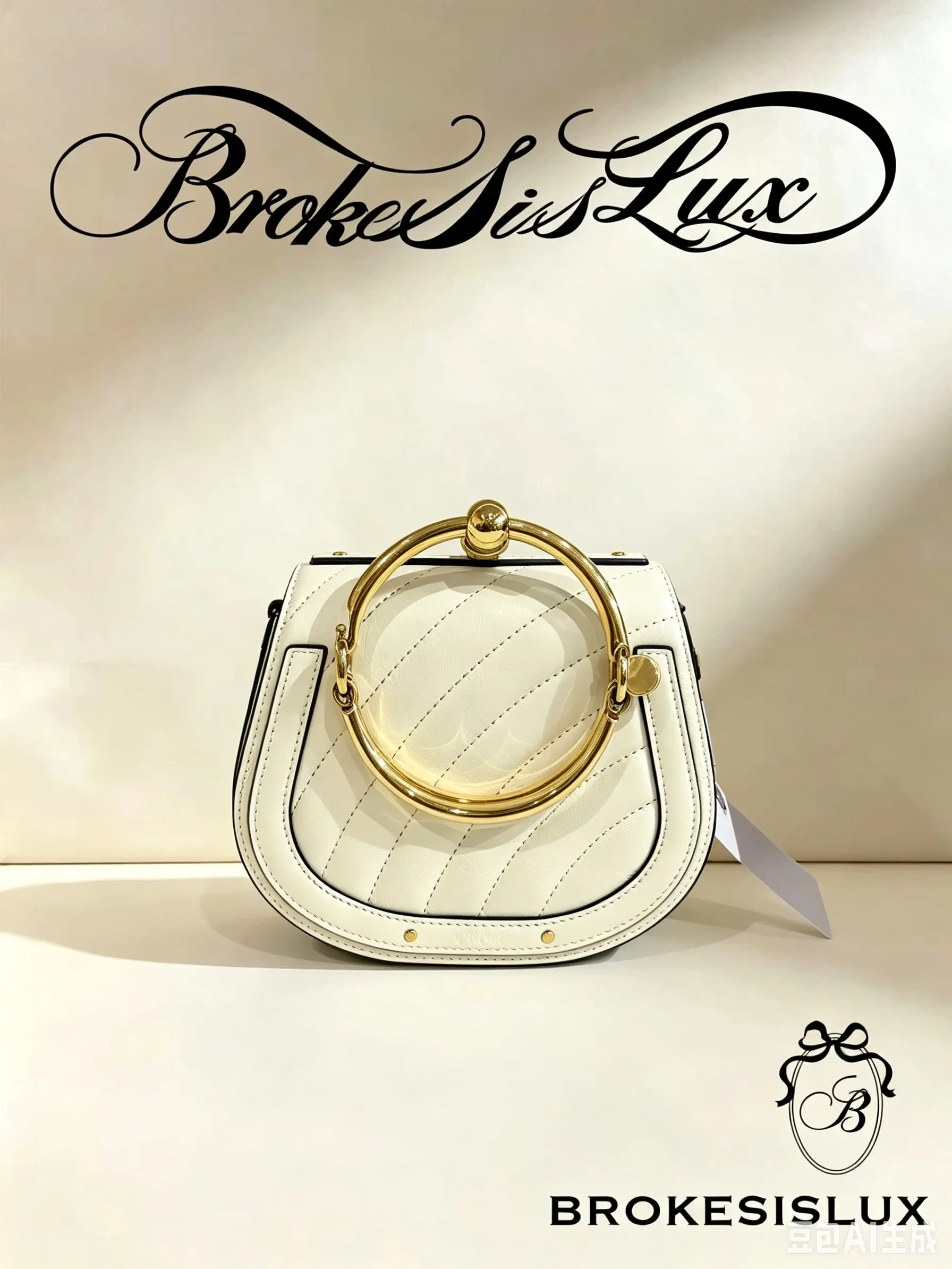 Pre-owned Chloé Chloe Mini Saddle Handbag, Off White Smooth Calfskin, Diagonal Contrast Stitching, Oversized Gold Circular Ring Top Handle, Gold Stud Detail, Detachable Crossbody Strap Compatible