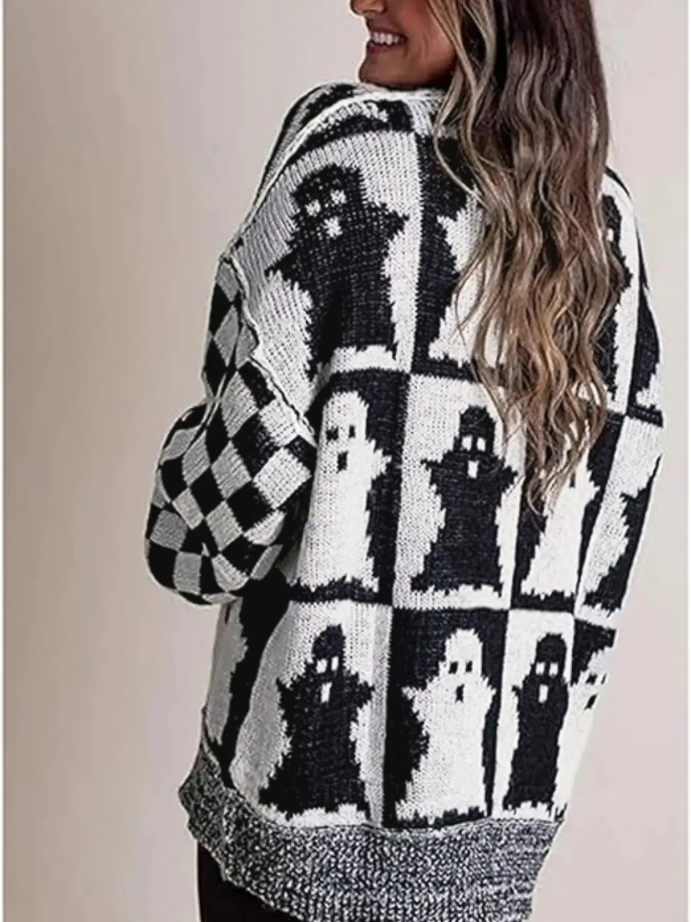 Halloween Plaid Oversized Thick Sweater, Ghost Pattern, Breathable Round Neck Colorblock Long Sleeve Knitwear, Spring & Fall Casual Everyday Wear, Womenswear