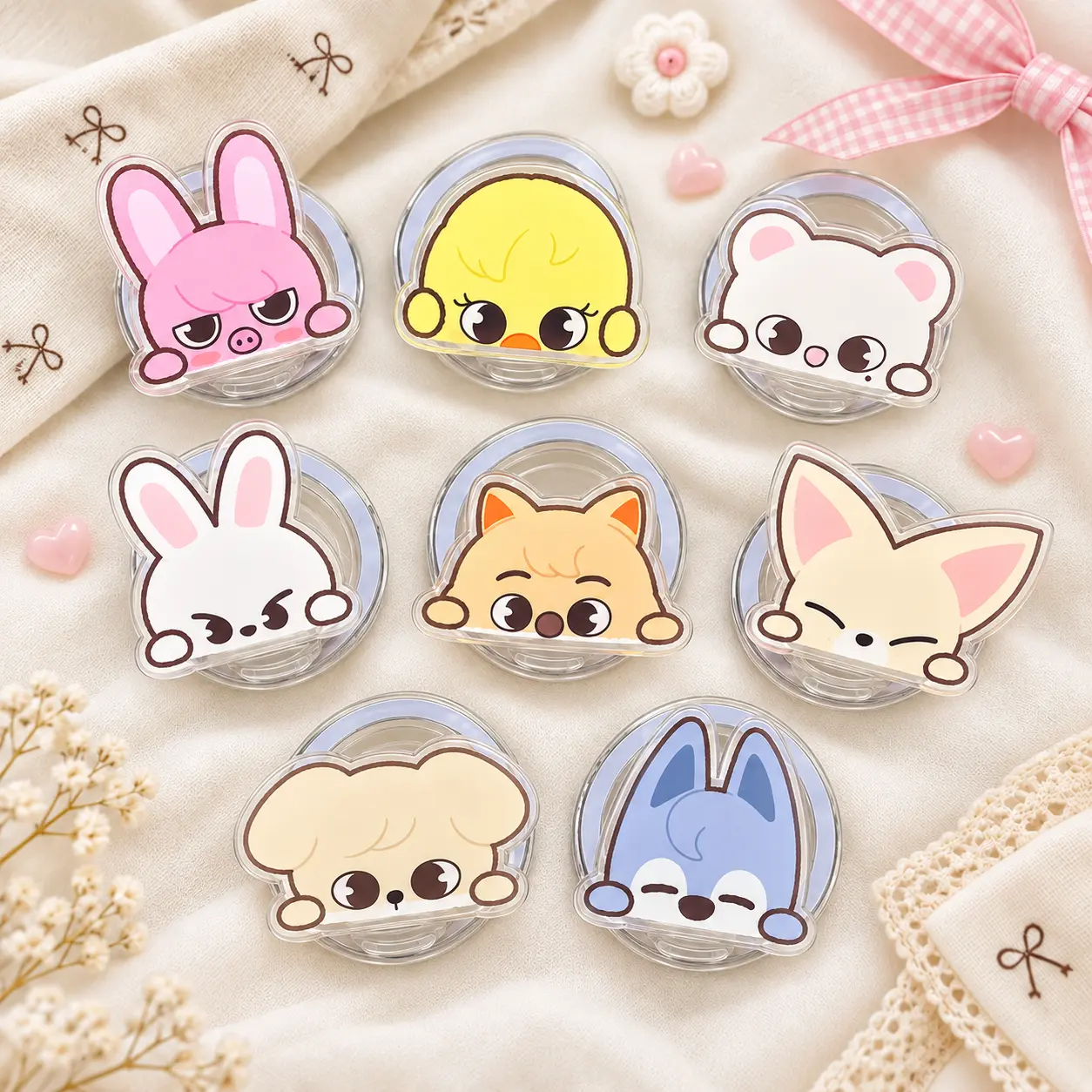 Cute SKZ Mascot Kitty Phone Grip Set – Pastel Kawaii MagSafe Acrylic Phone Holder with Kickstand, Sweet Animal Aesthetic Accessory for K-Pop Fans and Friends
