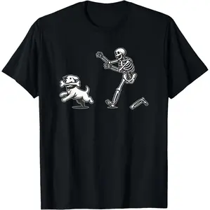 Funny Skeleton Chasing Dog Halloween T-Shirt for Men and Women