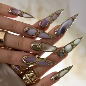 Royal Gemstone Crown Press On Nails | 3D Gold Frame Jewel Nails | Amethyst & Pearl Inspired Nail Art | Luxury Statement Nail Set