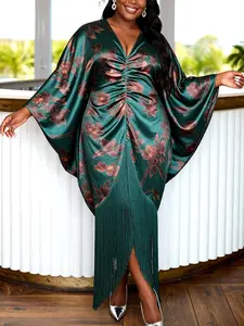 Women Satin Floral Printer Dress V Neck Long Batwing Sleeve with Fringe Detail Elegant Chic Formal Party Evening Wedding Guest BUBU Dresses