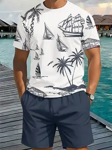 Men's 3D Digital Printed Fitted Two-Piece Set with Sailing Boat, Coconut Tree Design, 2Pcs, Trendy and Fashionable Set, Trendy Retro Casual Two-Piece Set, Vacation-style Trendy Outfit, Breathable Sports Casual Style, a Perfect Holiday Gift for Men