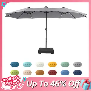 [3 Solar Panels] PHI VILLA 15ft Extra Large Double-Sided Patio Umbrella with Base & LED Lights - Large Steel Frame, UV Protection, Metal Base Included, Useful Crank