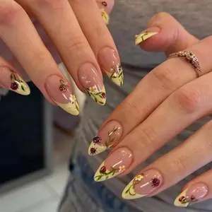 S109 Nailed by Vibe Ladybug Garden Press-On Nails, Vines on Yellow French Tips, Clear Almond Base, Whimsical Nature-Inspired Nail Art, Custom Handmade, Gifts for Her