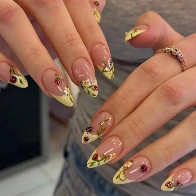 S109 Nailed by Vibe Ladybug Garden Press-On Nails, Vines on Yellow French Tips, Clear Almond Base, Whimsical Nature-Inspired Nail Art, Custom Handmade, Gifts for Her