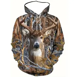 Men’s casual hooded sweatshirt with 3D deer print, full-zip outdoor streetwear, long-sleeve pullover