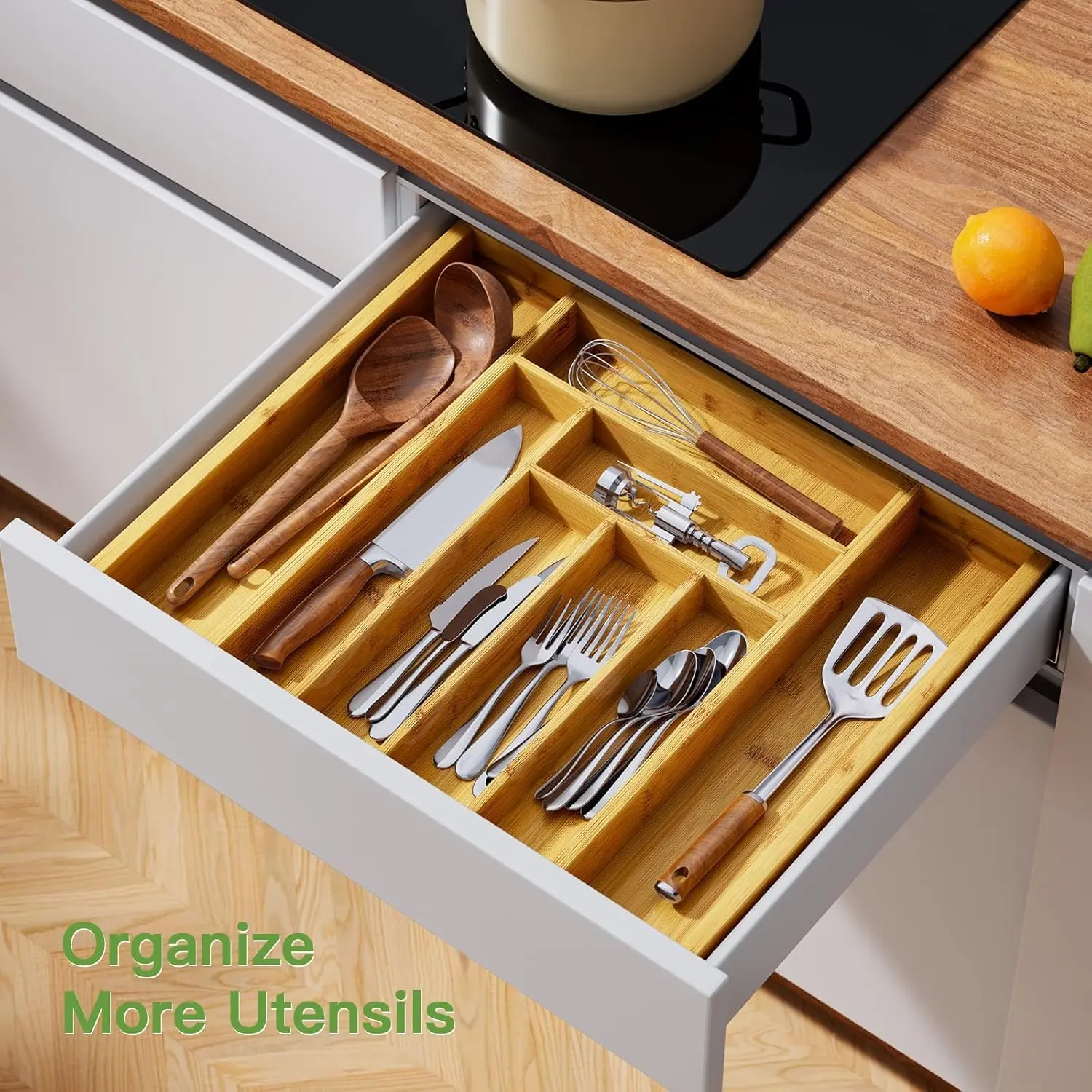 Bamboo Expandable Silverware Drawer Organizer with Adjustable Dividers - Cutlery Storage Box, Tray Open Storage Bins, Expandable Divider Bins for Kitchen Utensils, Forks, Spoons, Knives, Dividers Open Storage Bins