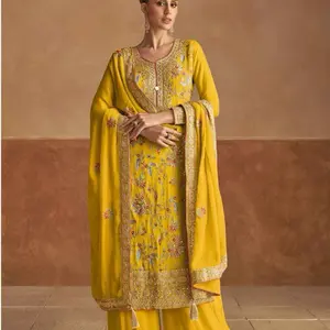 Yellow Traditional Thread Embroidered Kurta Palazzo Set for Festive Wear