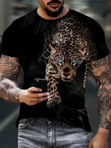 Men's Blue Eye Leopard Pattern Print T-Shirt, Comfortable Polyester Fabric, Casual Streetwear Minimalist Fitted Round Neck Short Sleeve Tee, Perfect for Summer Wear, Aesthetic