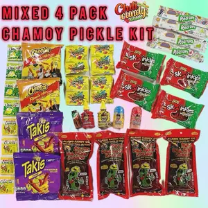 Mixed 4 Pack Chamoy Pickle Family Kit Snack Variety Pack with Takis, Hot Cheetos, Lucas Chamoy Powder, Lucas Mango Powder, Liquid Chamoy, Liquid Tamarind, Tajin,Gushers,Fruit Roll Ups,Salsaghetti Skwinkles,Limon7 Salt Packets and Pica Limon Powders!