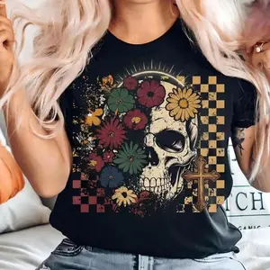 Retro Floral Skeleton Shirt, Funny Checkered Skeleton Halloween, Preppy Halloween, Trendy Halloween, Spooky Season Cotton Fit modern trendy spooky season apparel