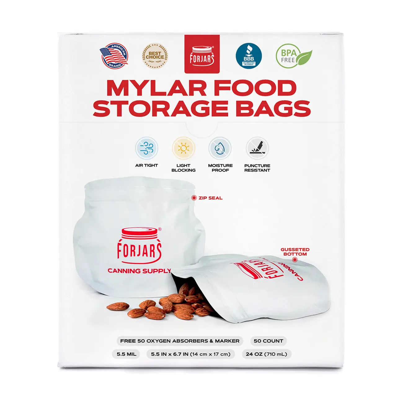 FORJARS  24oz Mylar Bags - 50 Count 5.5 mil per side (≈11 mil total)