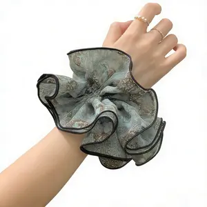 Vintage Ruched Print Multi-layer Scrunchie for Women Ink Wash Flower Hair Tie Elegant Ponytail Hair Rope