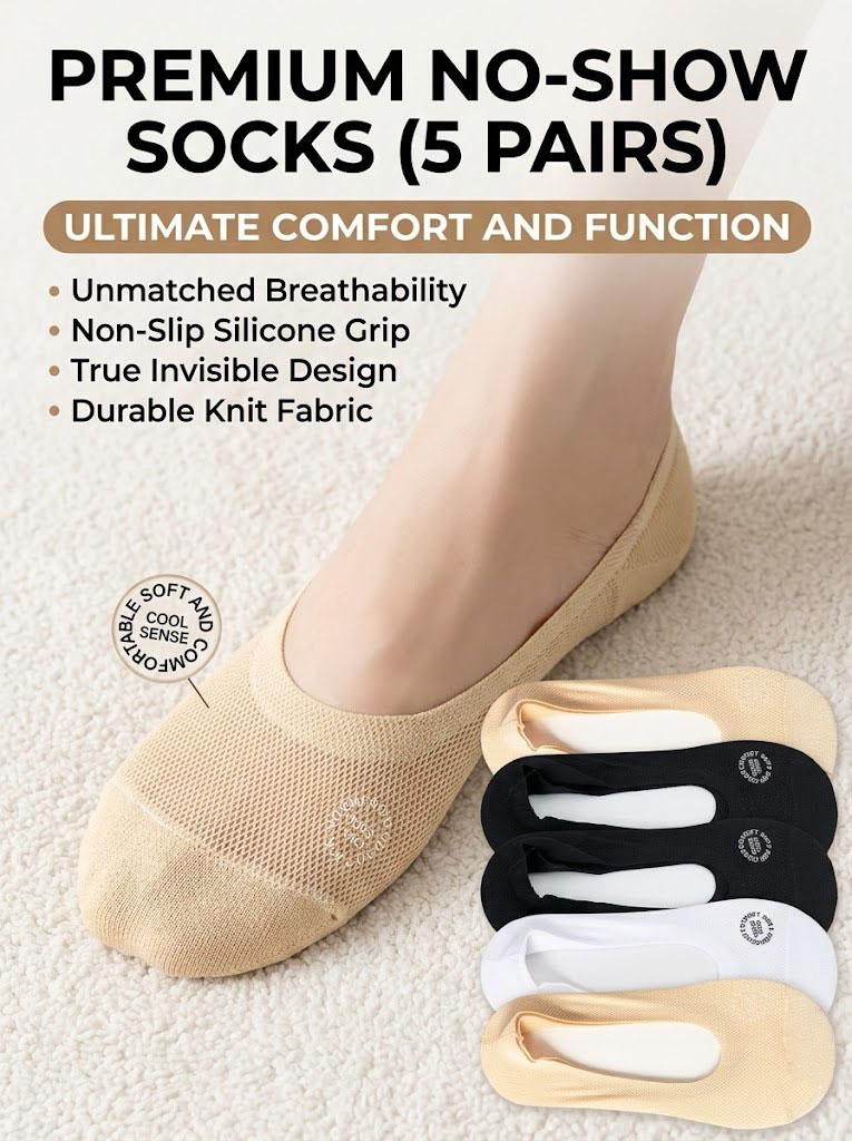 Women's 5-Pair Minimalist No-Show Mesh Boat Liner Socks, Silicone Stay-On Grip That Holds, Thin Breathable Flat Comfortable Fit, Machine Washable Solid Color Set for Family, Casual Occasions & Gifting