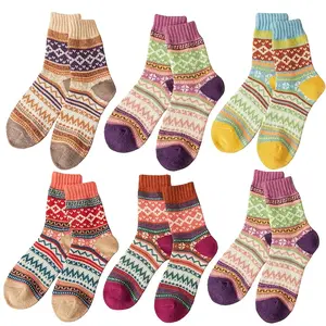 6 Pairs Vintage Boho Crew Socks for Women - Aesthetic Nordic Patterned Summer Lounge Socks, Lightweight Breathable Knit Socks for Sneakers Sandals
